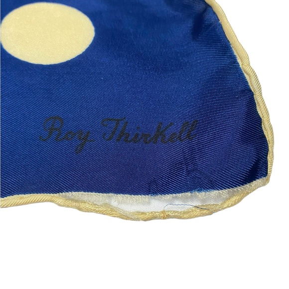 Vintage Roy Thirkell Silk Scarf. Royal Blue w/white polka dots. Worn. - Picture 3 of 4